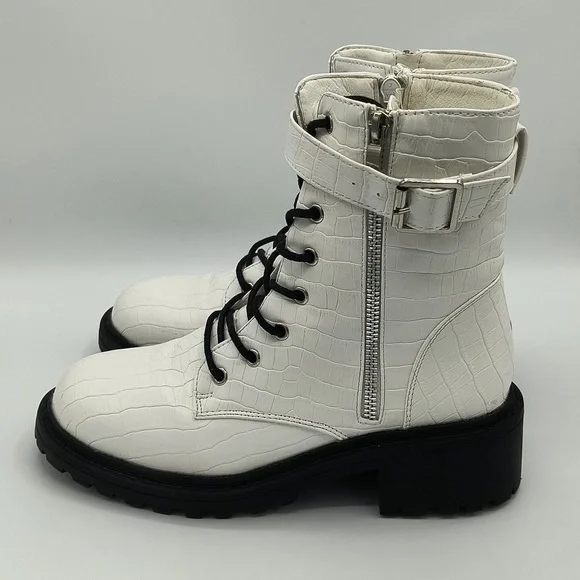 White Croc Embossed Combat Boots - Picture 4 of 7
